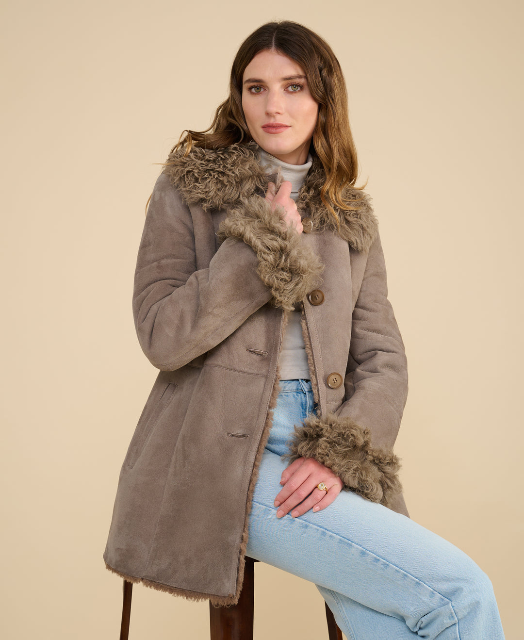 Women's genuine shearling coat in taupe