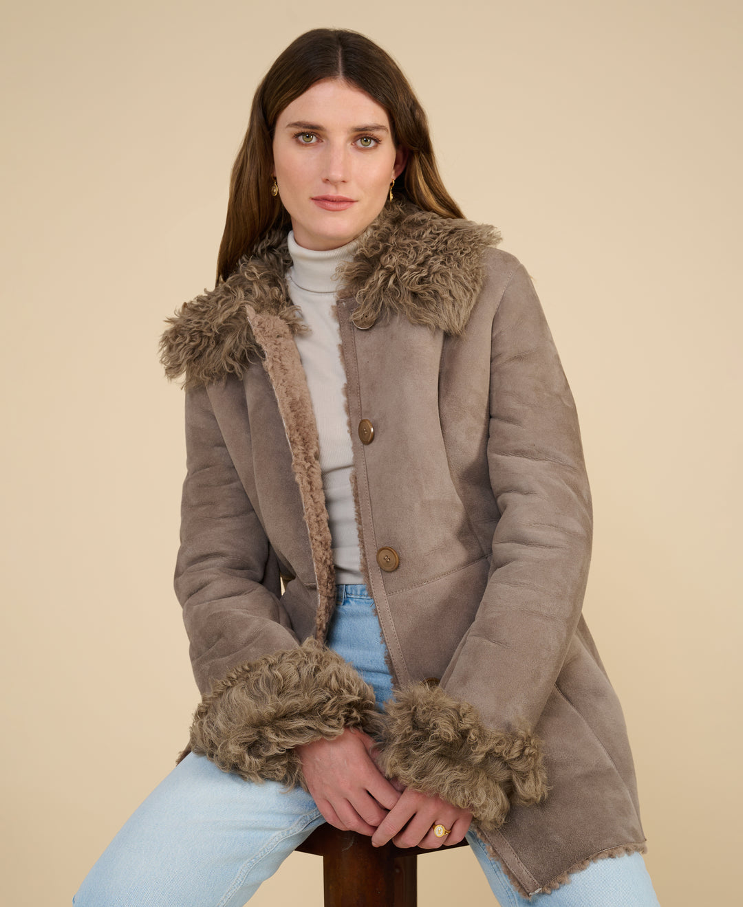 Aubrey taupe shearling coat styled with denim