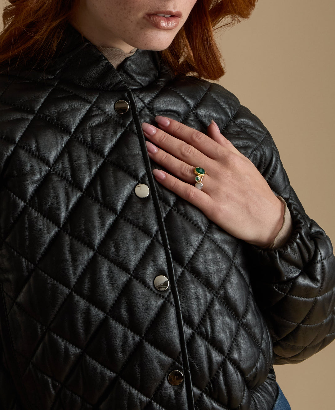 Close-up of diamond quilting on Aveline black leather jacket