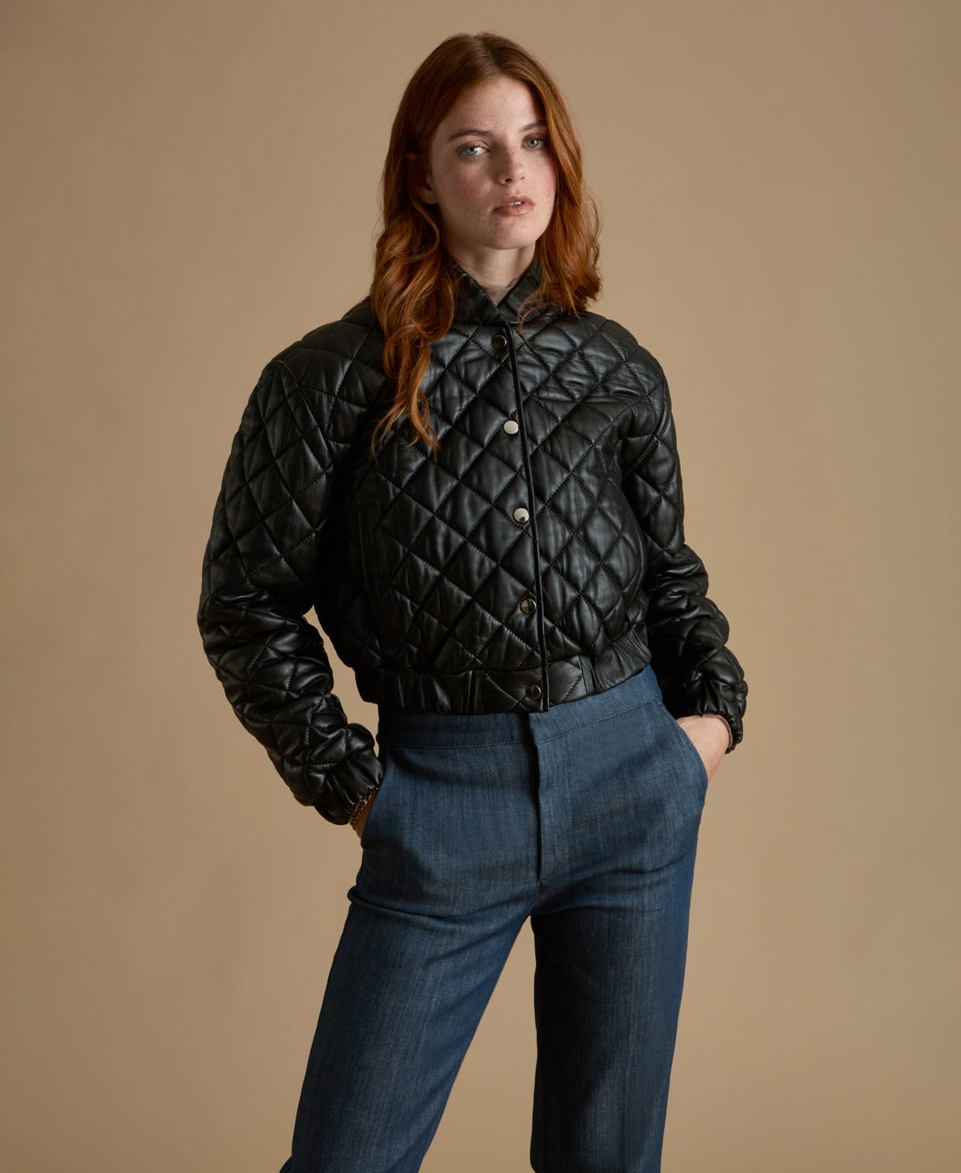 Aveline Black Quilted Leather Jacket crafted from 100% British leather