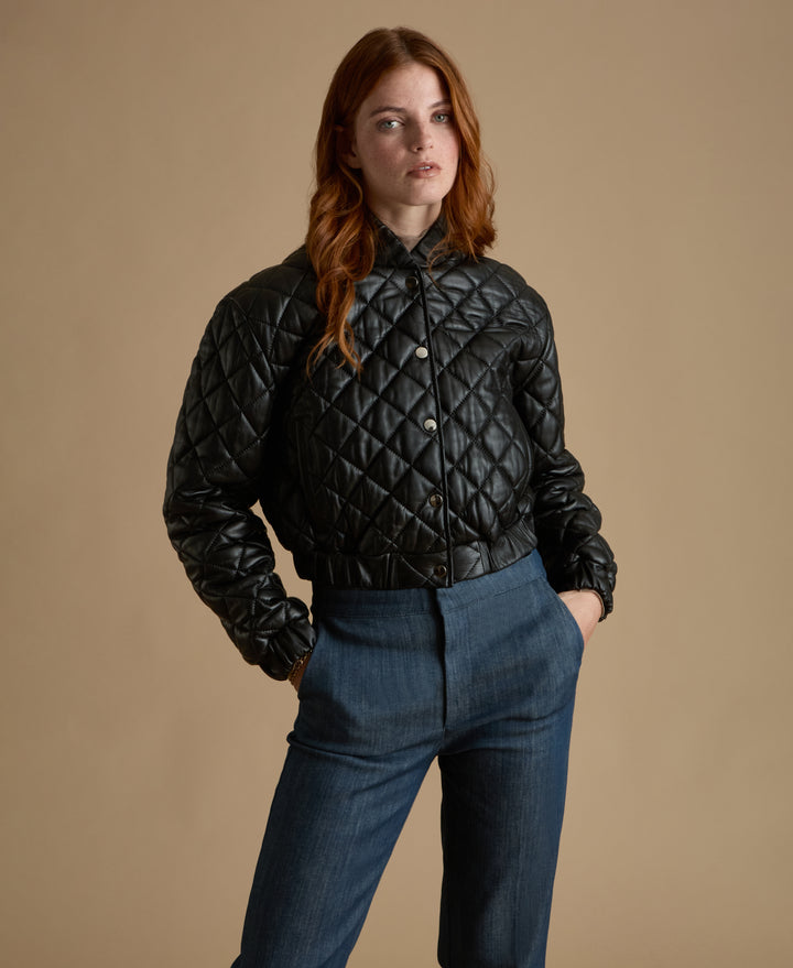 Aveline Black Quilted Leather Jacket crafted from 100% British leather