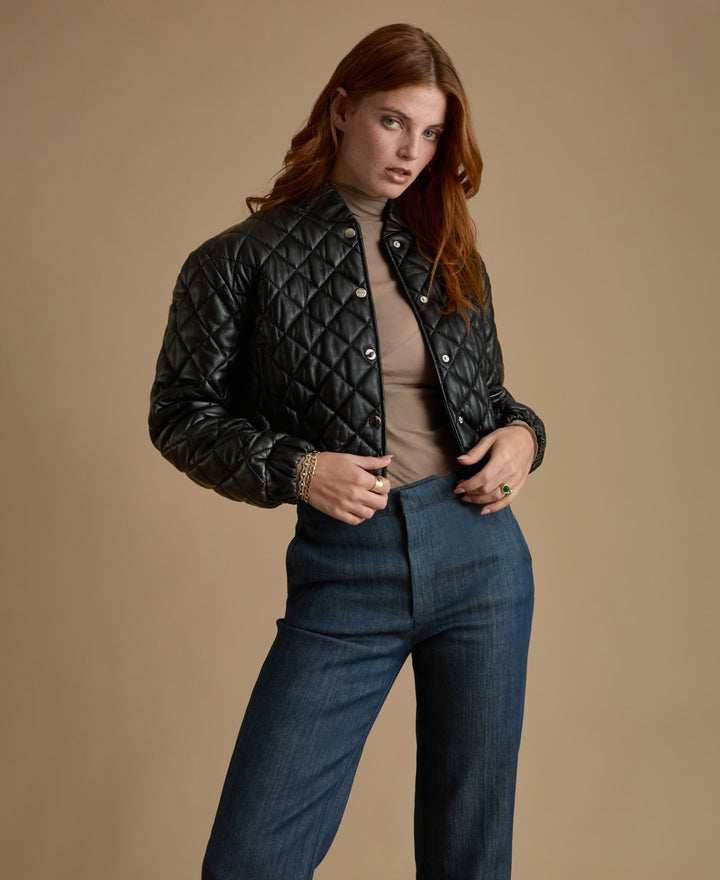 Aveline Black Quilted Leather Jacket crafted from 100% British leather