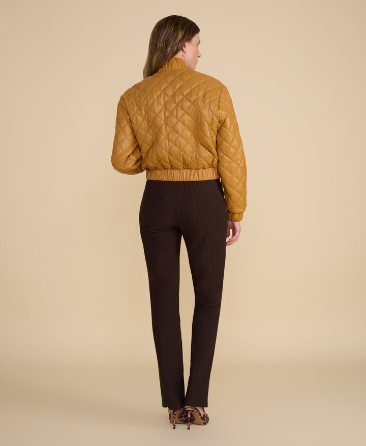 Rear view of Aveline caramel quilted leather jacket