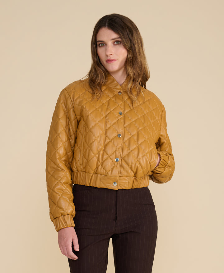 Aveline Caramel Quilted Leather Jacket crafted from 100% British leather
