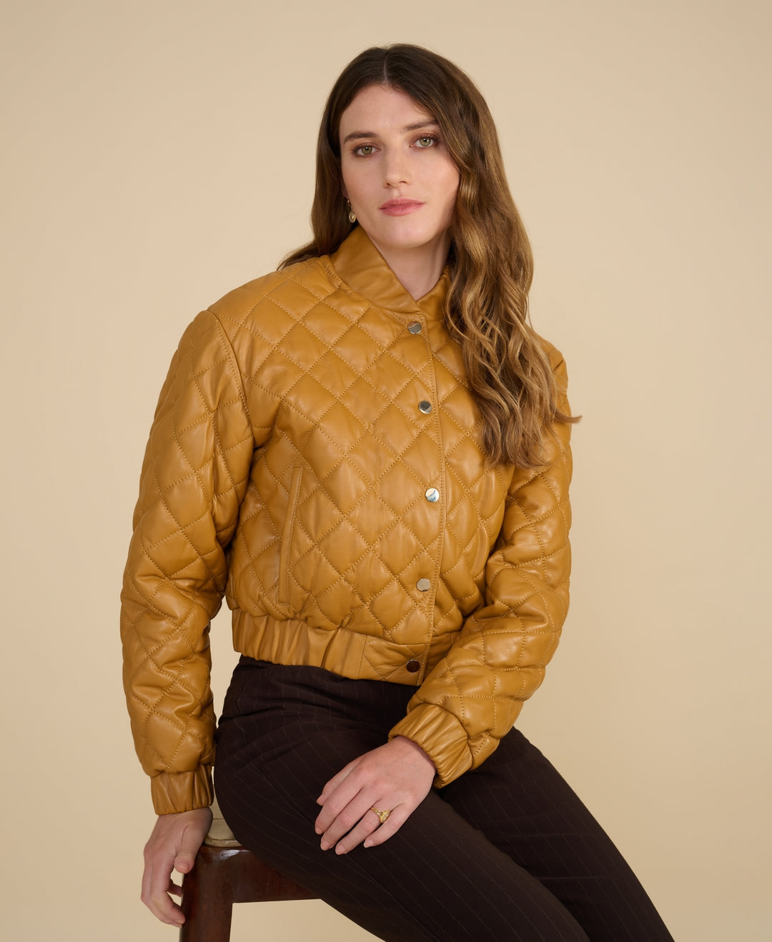 Aveline caramel quilted leather jacket styled for Fall Winter 2026 2027