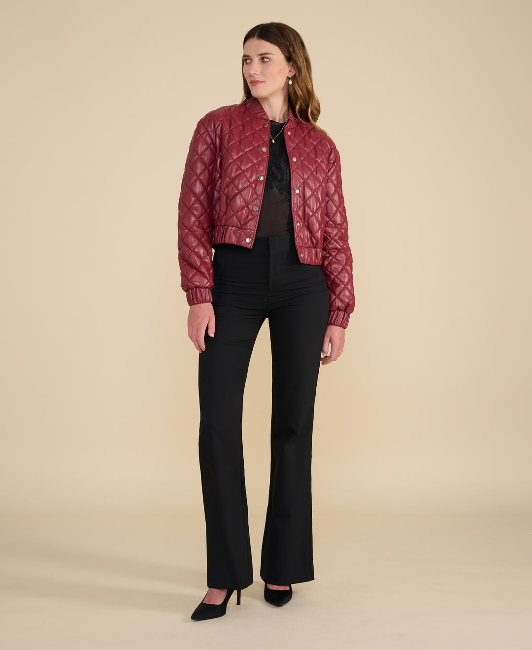 Aveline light burgundy quilted leather jacket in 100% British leather
