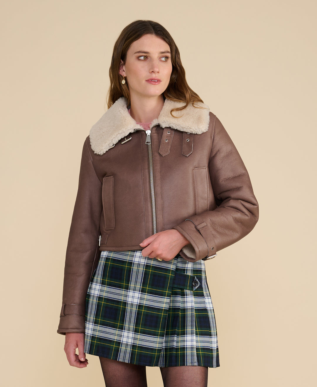 Avery brown shearling aviator jacket crafted from premium sheepskin leather with oversized shearling collar