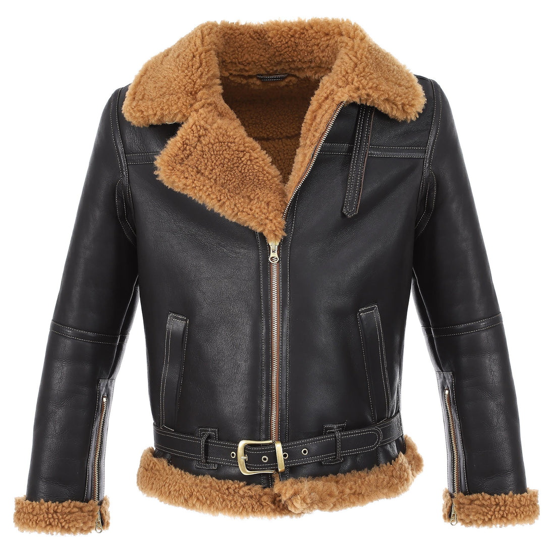 Black leather shearling aviator jacket