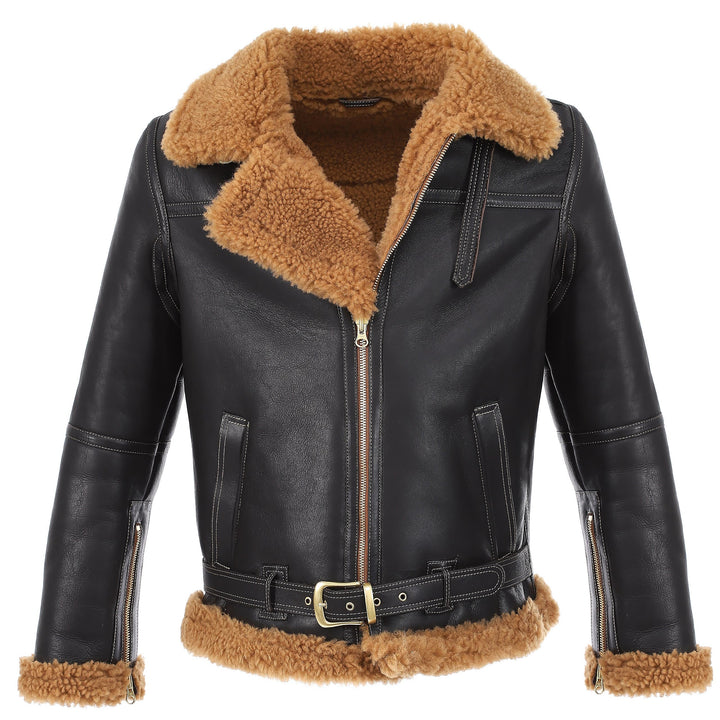 Black leather shearling aviator jacket