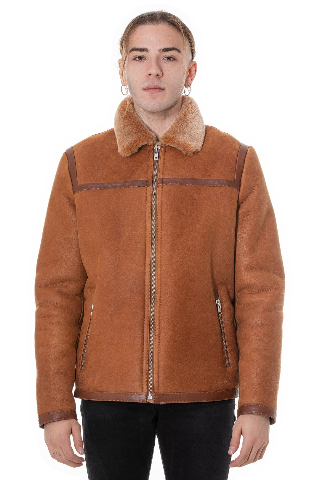 Tan shearling zip jacket with fur collar