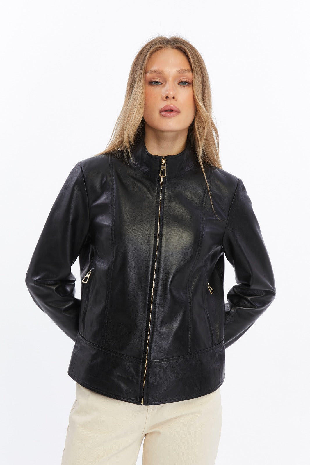 Woman wearing black leather jacket