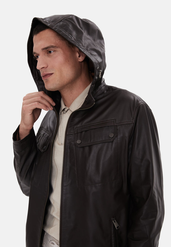 Man wearing dark brown hooded leather jacket