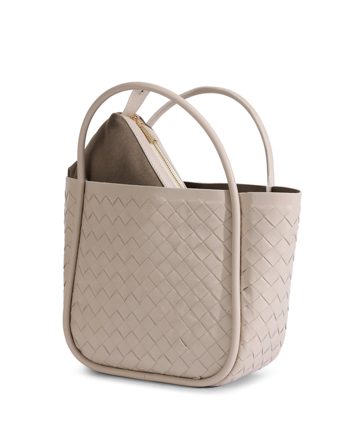 Beige woven leather top-handle tote