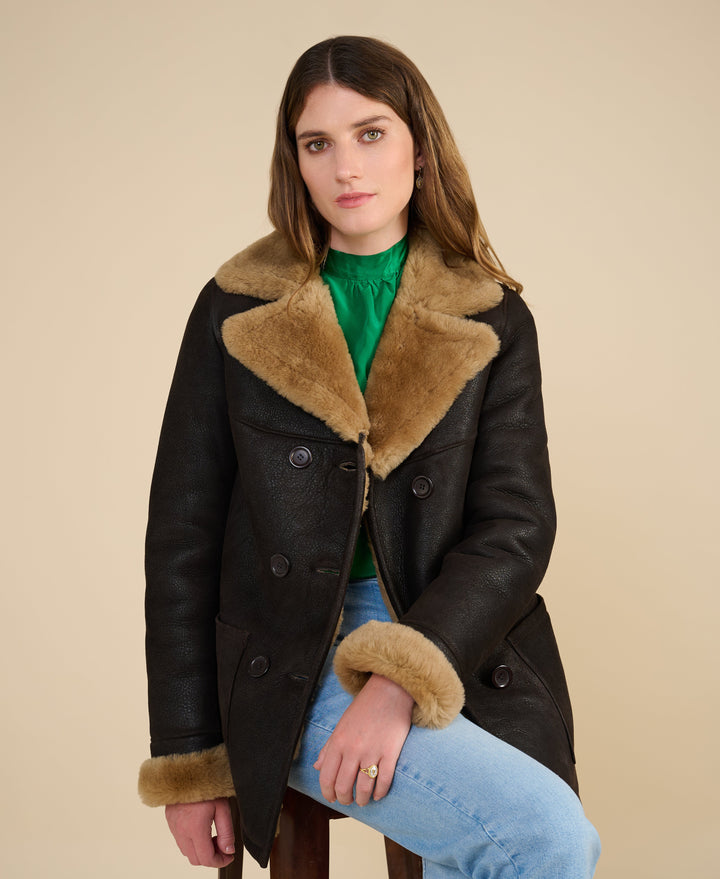 Black shearling peacoat with tan collar