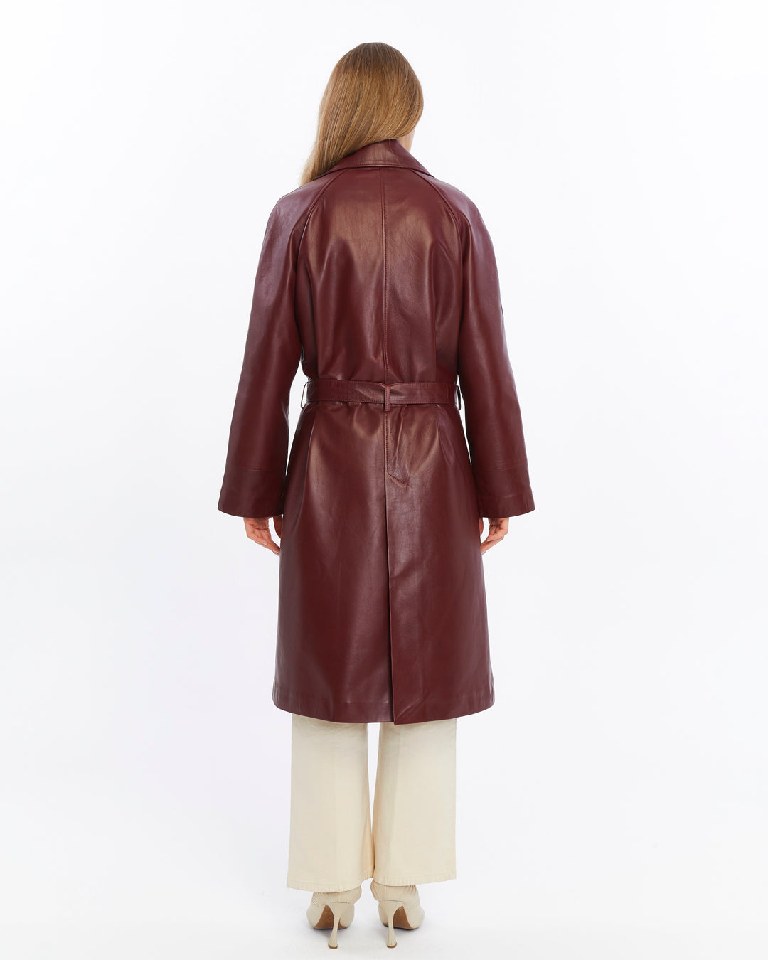 Burgundy leather trench coat - back view