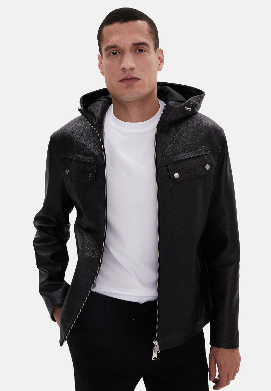 Man wearing black hooded leather jacket