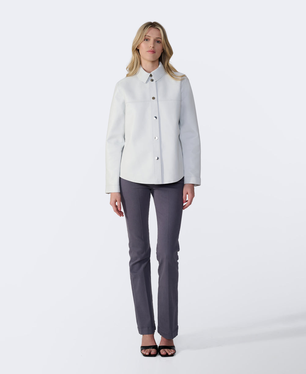 White leather shirt jacket on model
