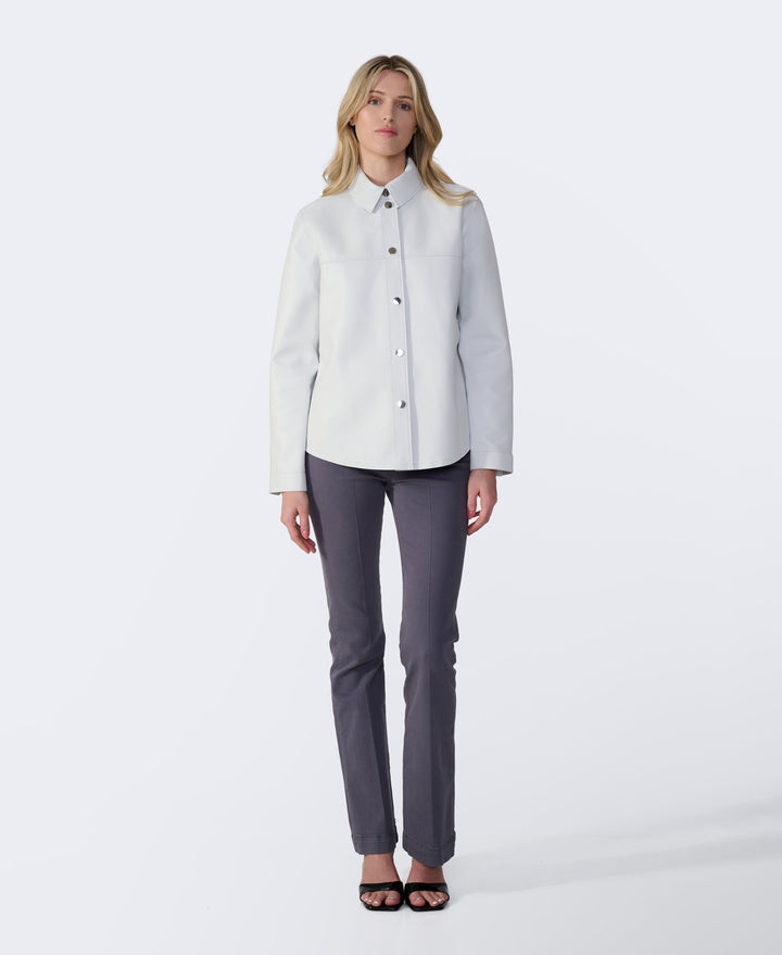 White leather shirt jacket on model