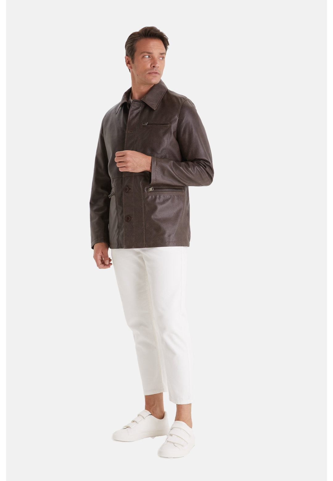 Man wearing brown leather jacket