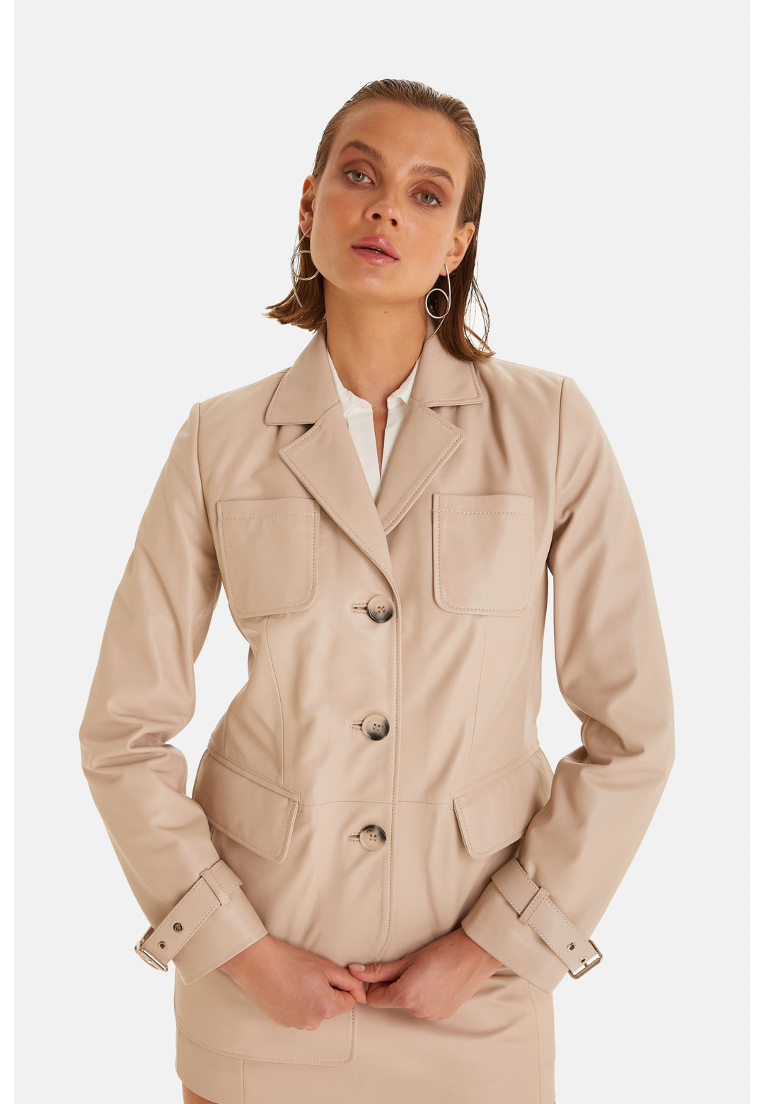 Beige leather women's button jacket