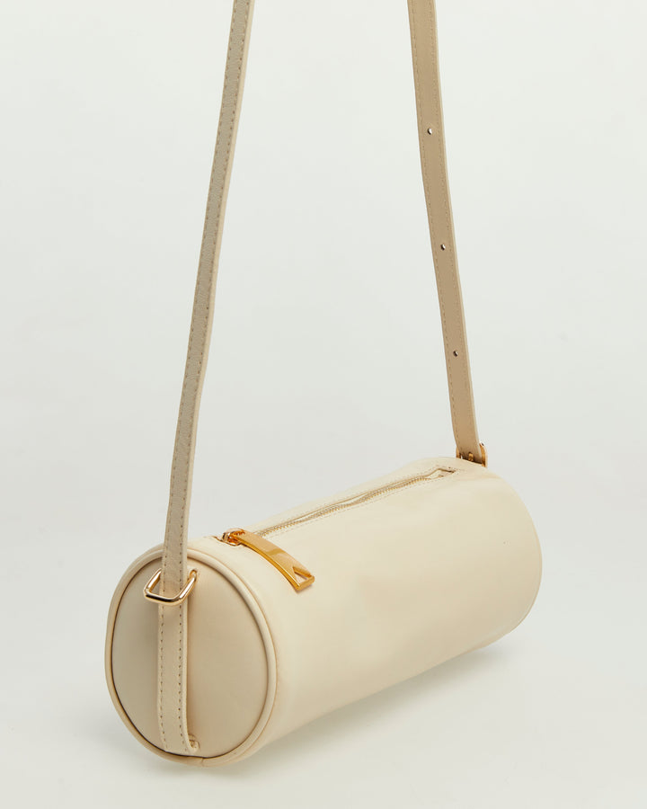 Beige cylindrical leather shoulder bag