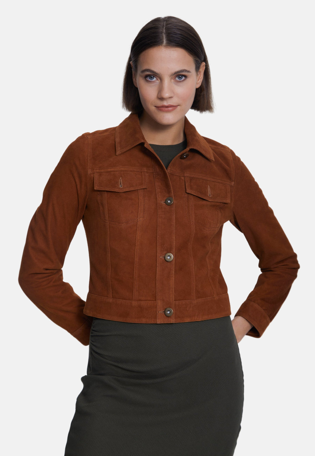Brown suede cropped button jacket on model