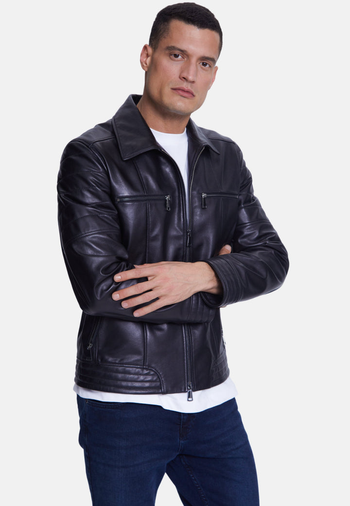 Man wearing black leather jacket