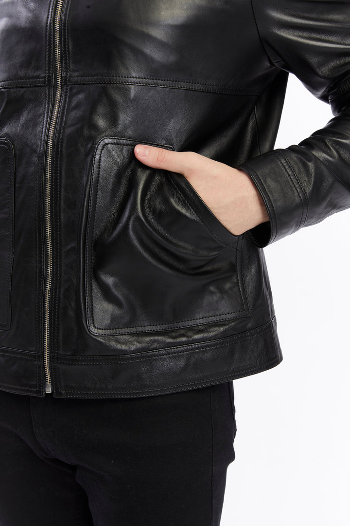 Black leather jacket with hand-in-pocket