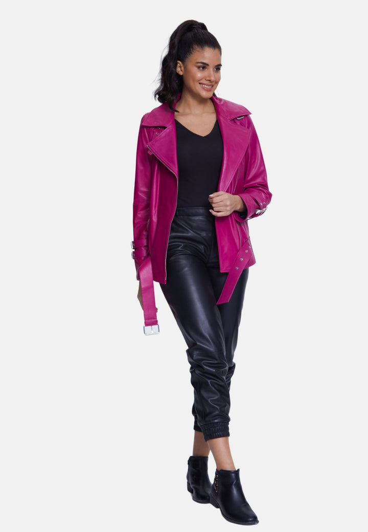 Woman wearing pink leather jacket