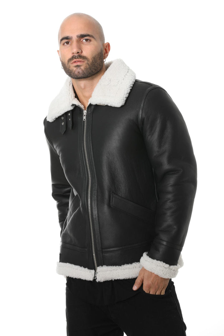 Man wearing black shearling aviator jacket