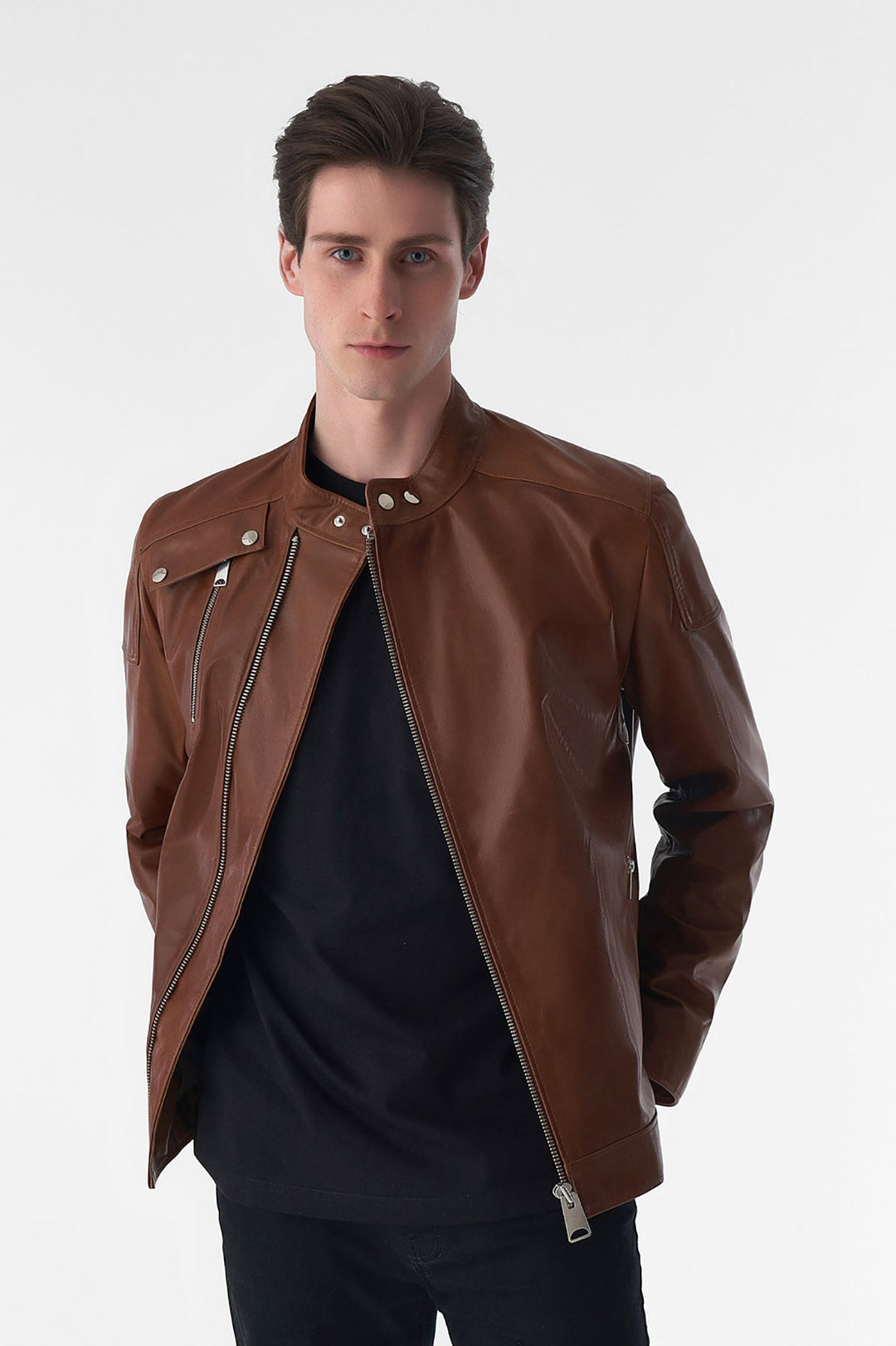 Man wearing brown leather jacket