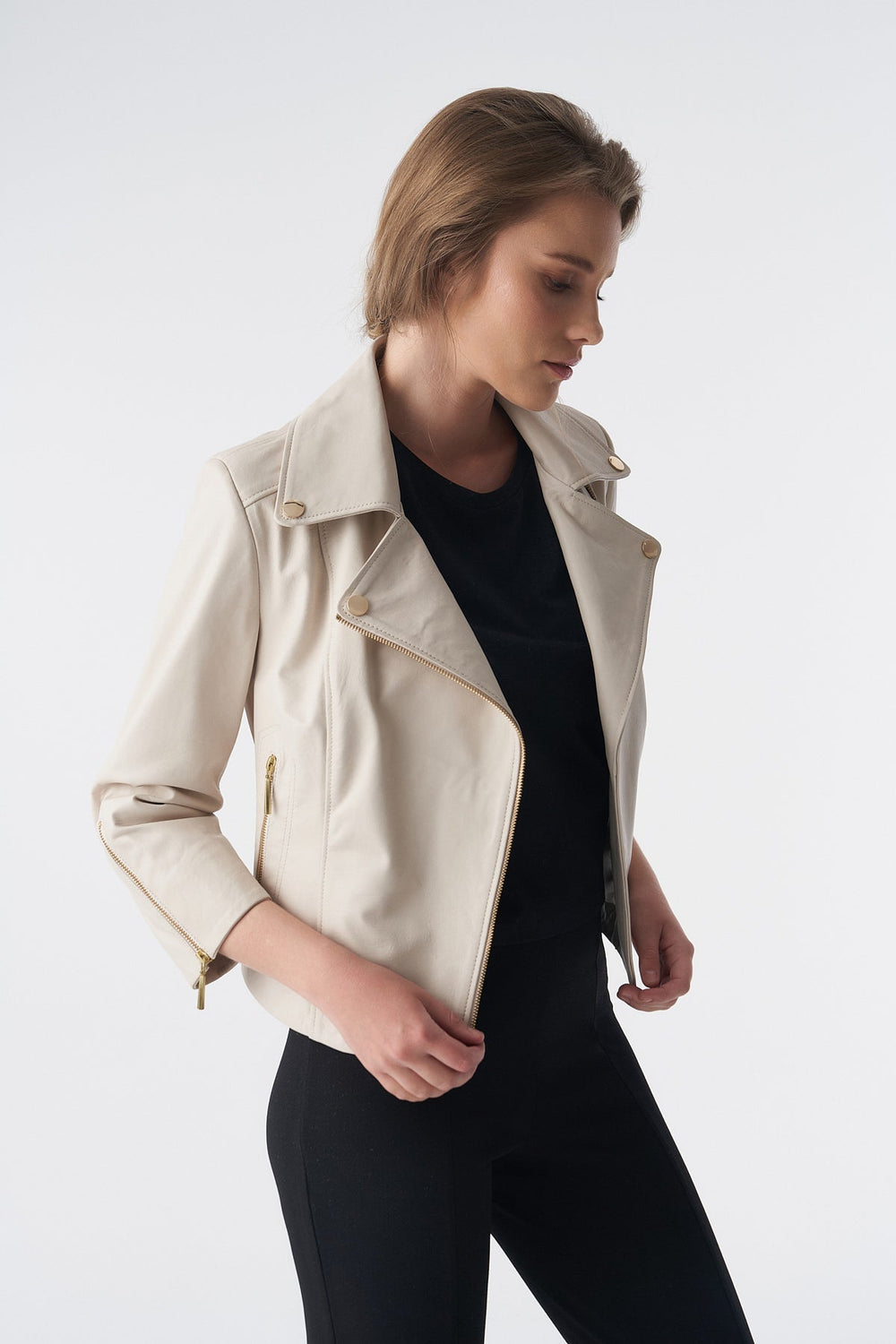 Beige leather biker jacket on model