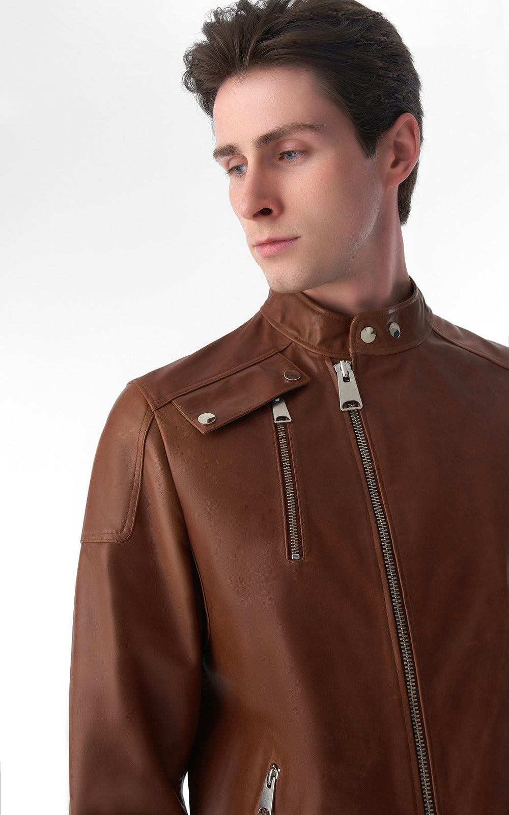 Male model wearing brown leather jacket