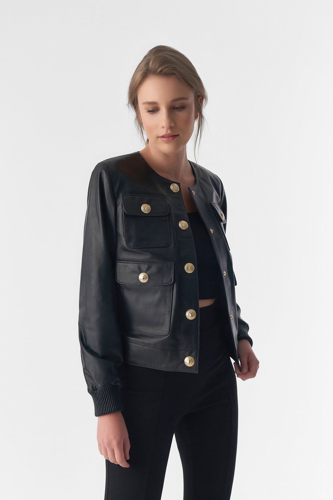 Black leather jacket with gold buttons