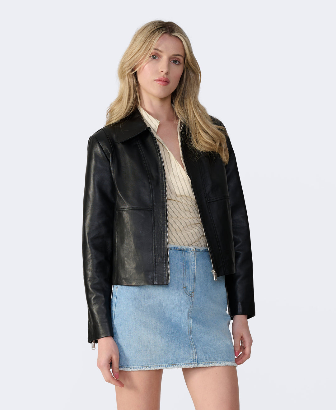 Woman wearing black leather jacket