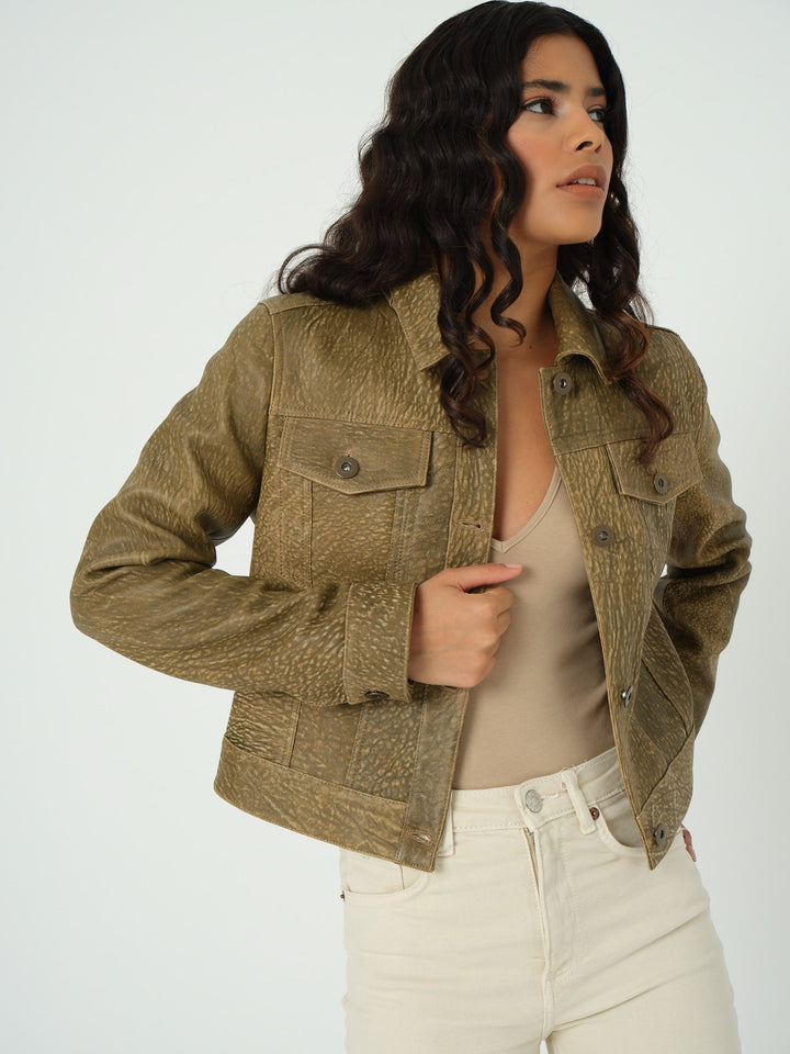 Brown textured leather jacket on model