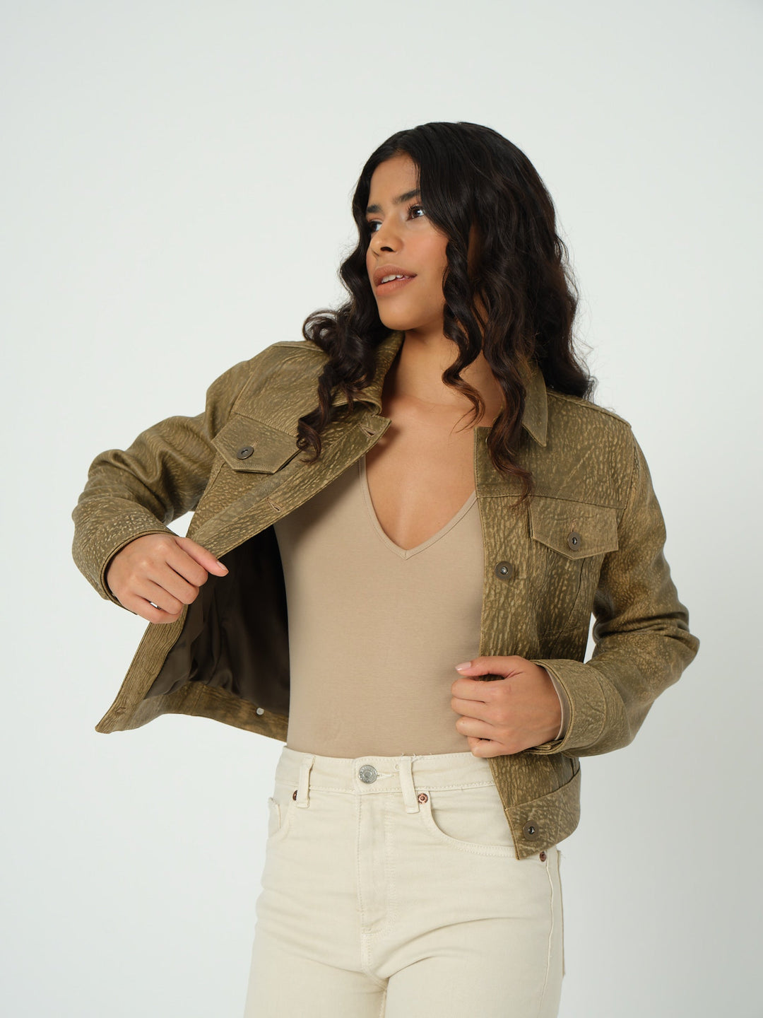 Olive cropped women's jacket on model