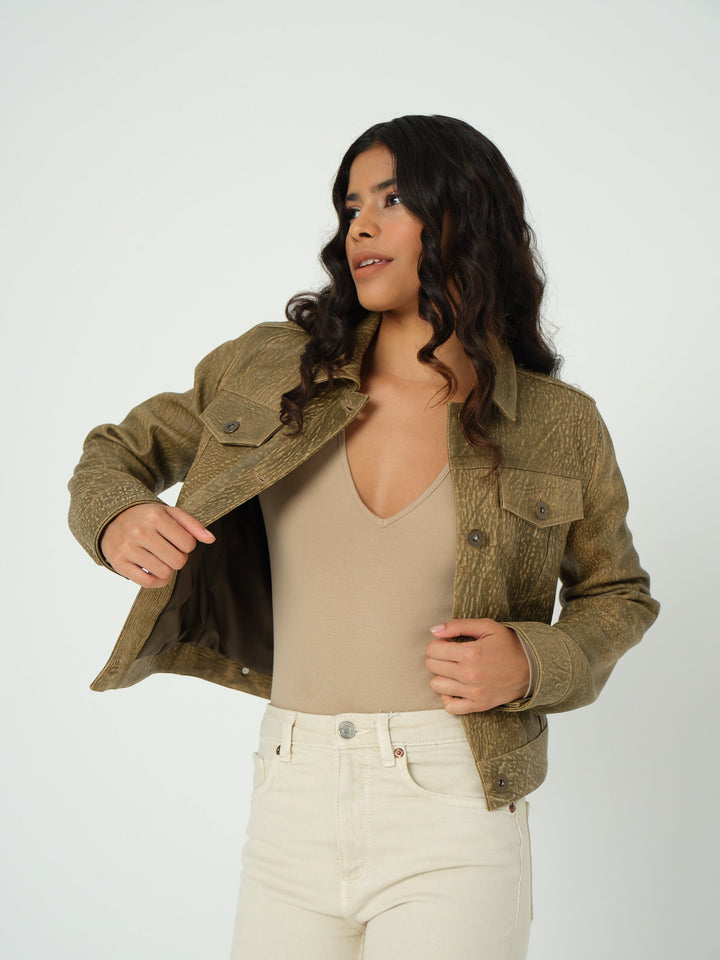 Olive cropped women's jacket on model