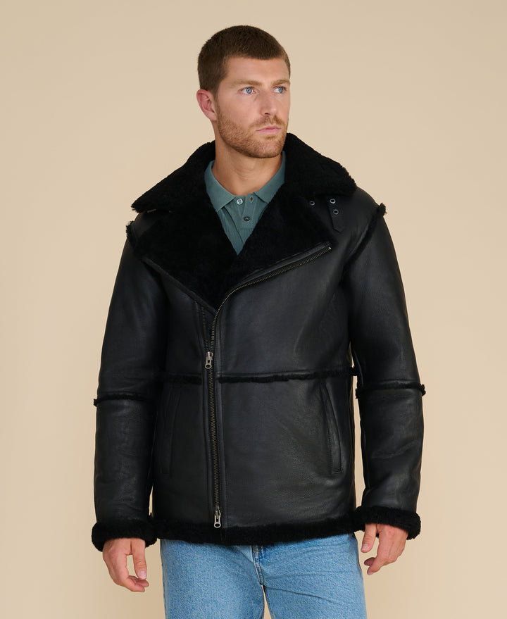 Black shearling aviator jacket on model