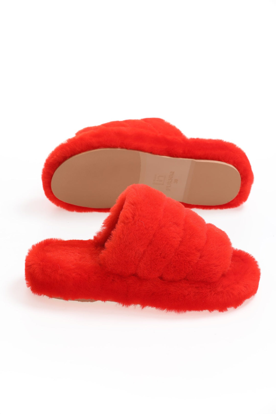 Red shearling fuzzy slide slippers