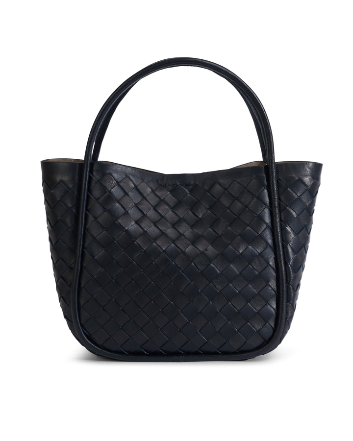 Black woven leather top-handle bag