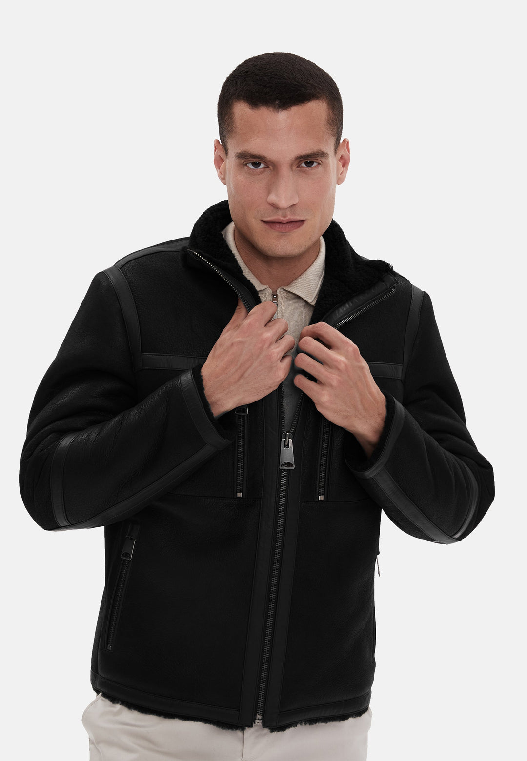 Black shearling jacket with leather trim