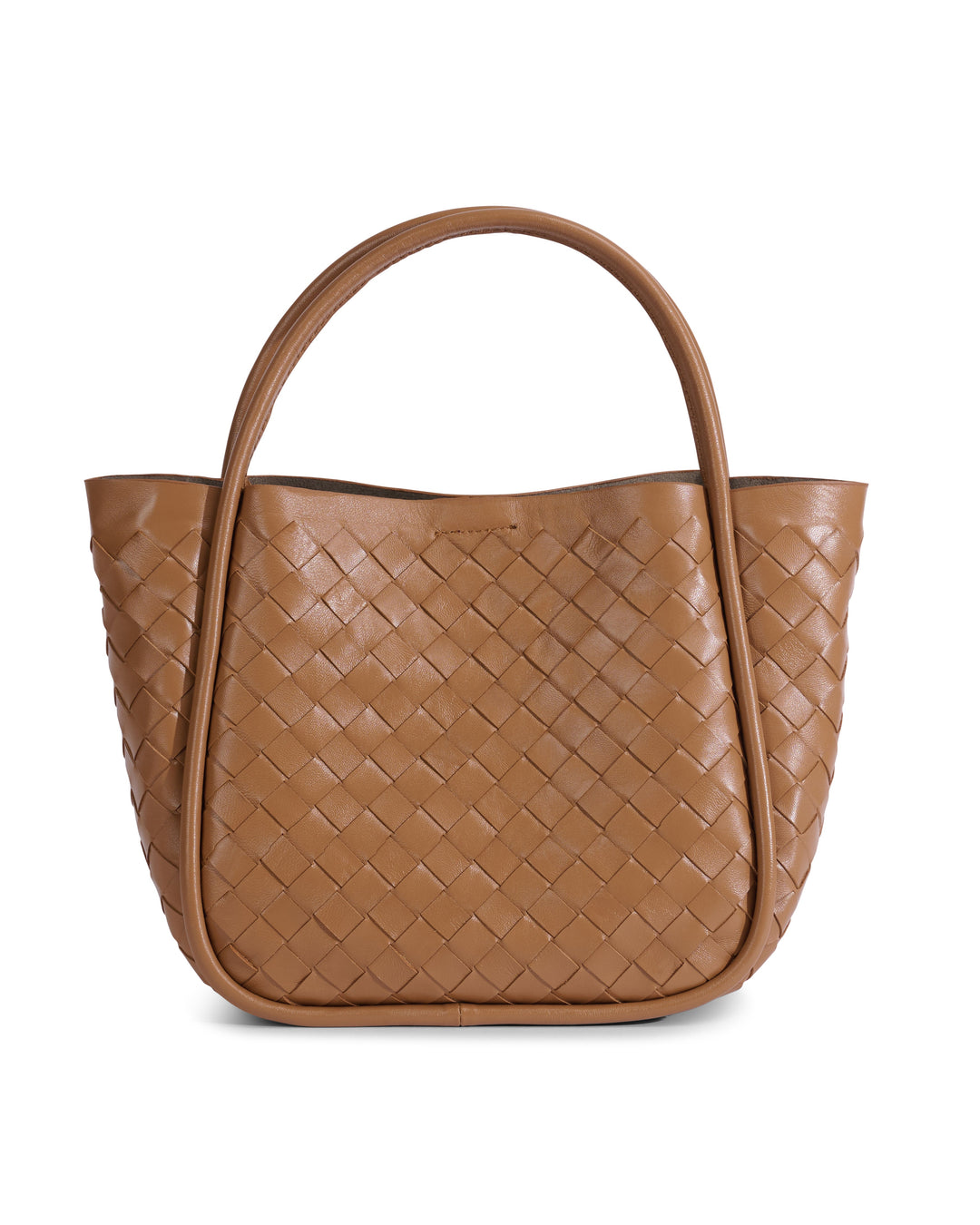 Tan woven leather top handle tote