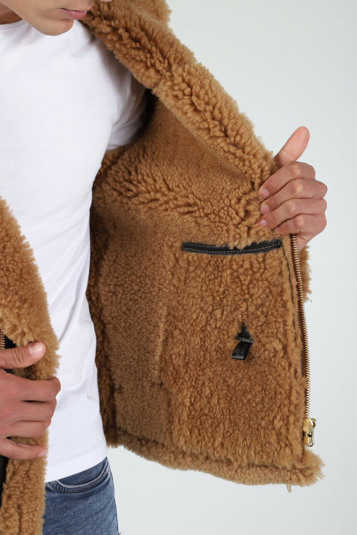 Tan shearling aviator jacket interior view