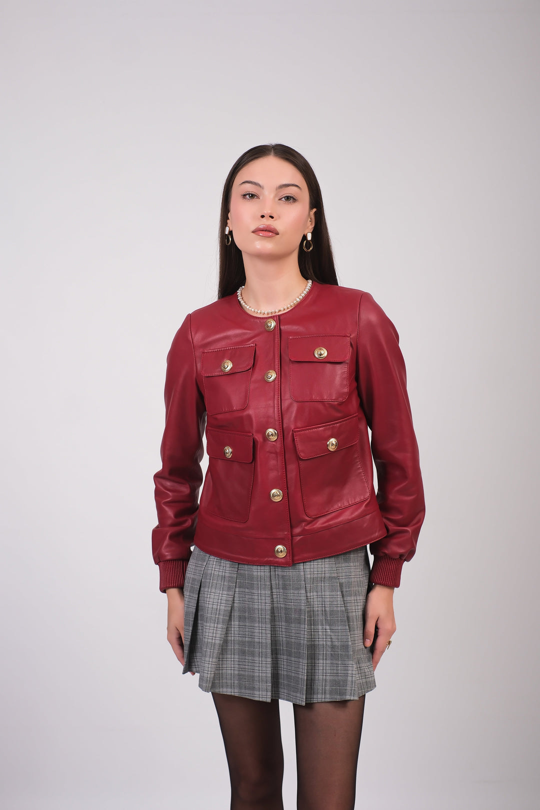 Burgundy leather jacket women gold button detail