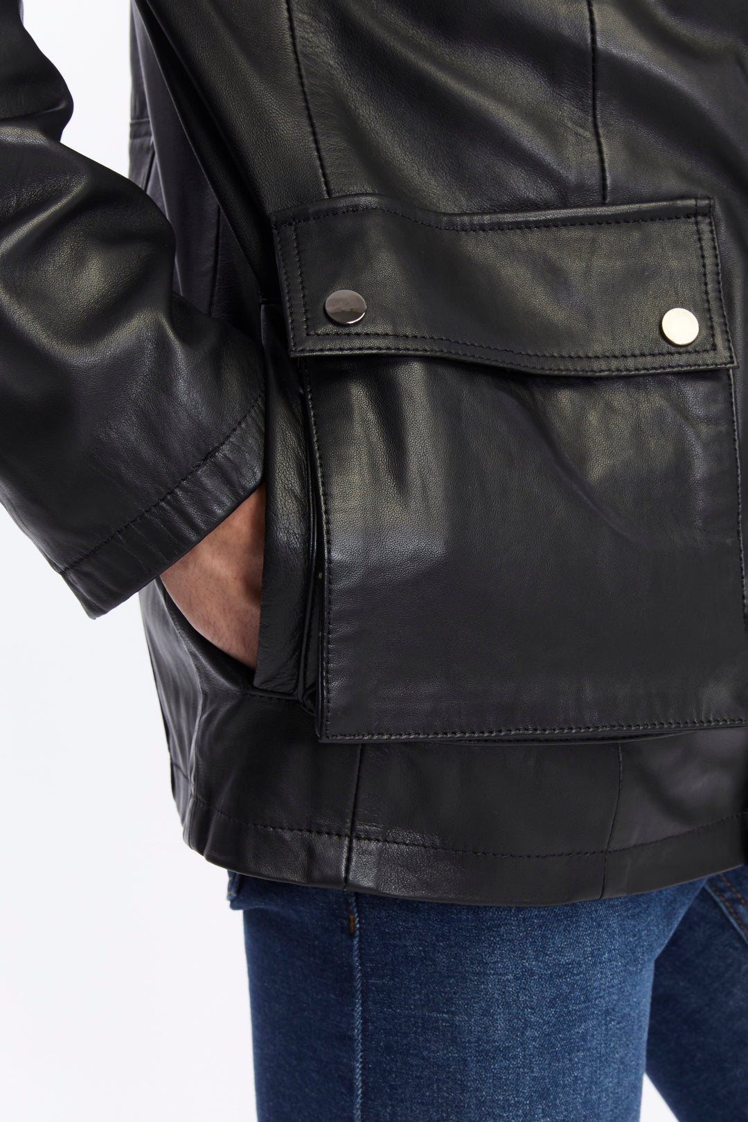 Black men's leather jacket pocket close-up