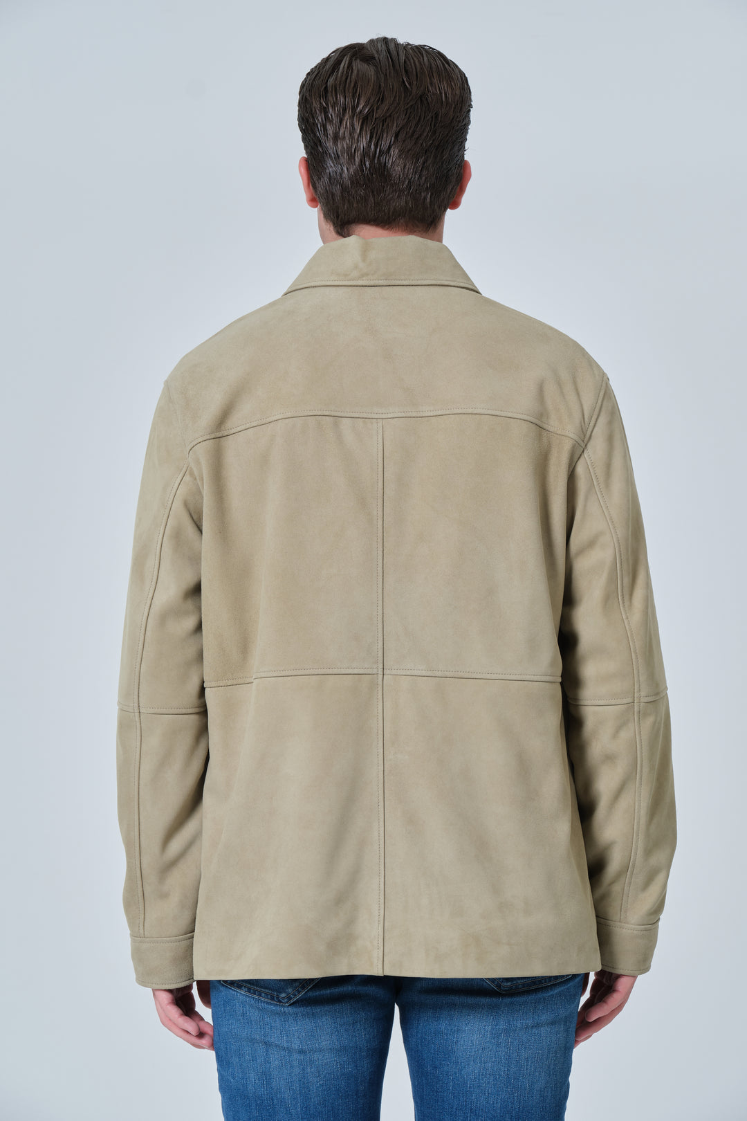 Back view of Beckett men's sage green suede chore jacket in 100% British premium suede