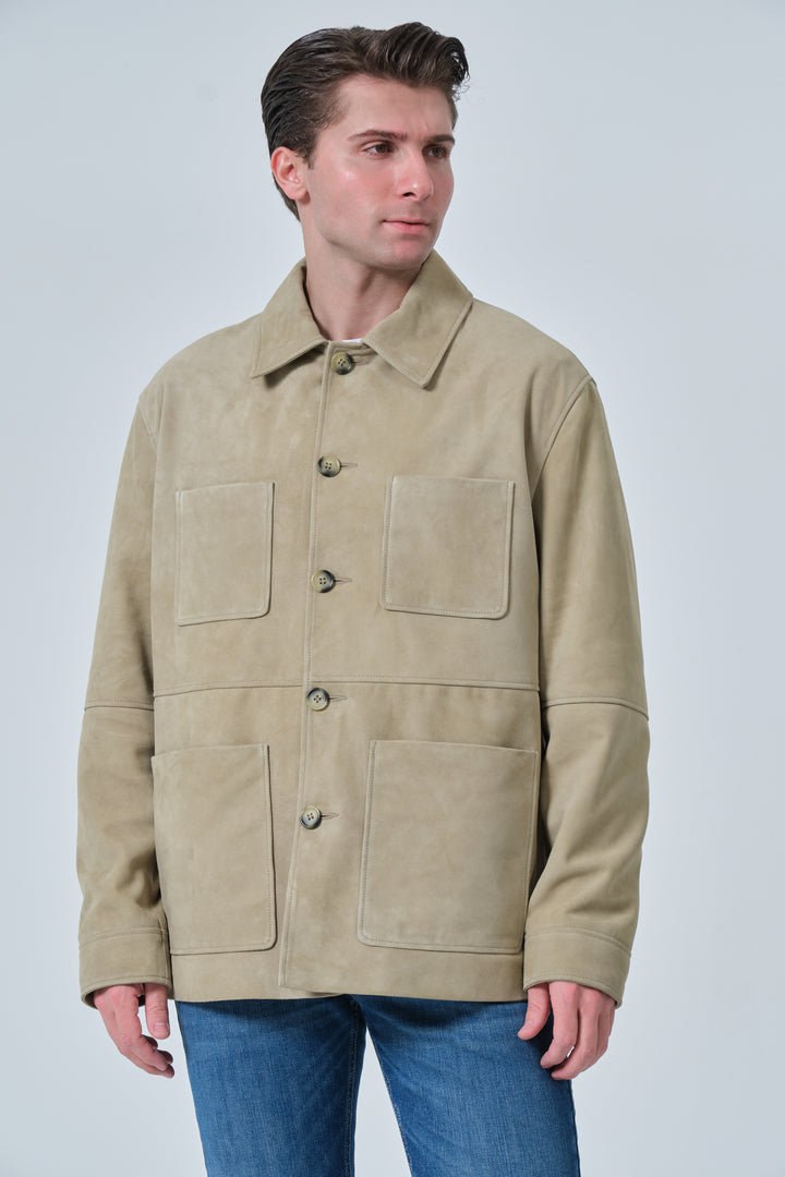 Front detail of Beckett men's sage green suede chore jacket with oversized patch pockets
