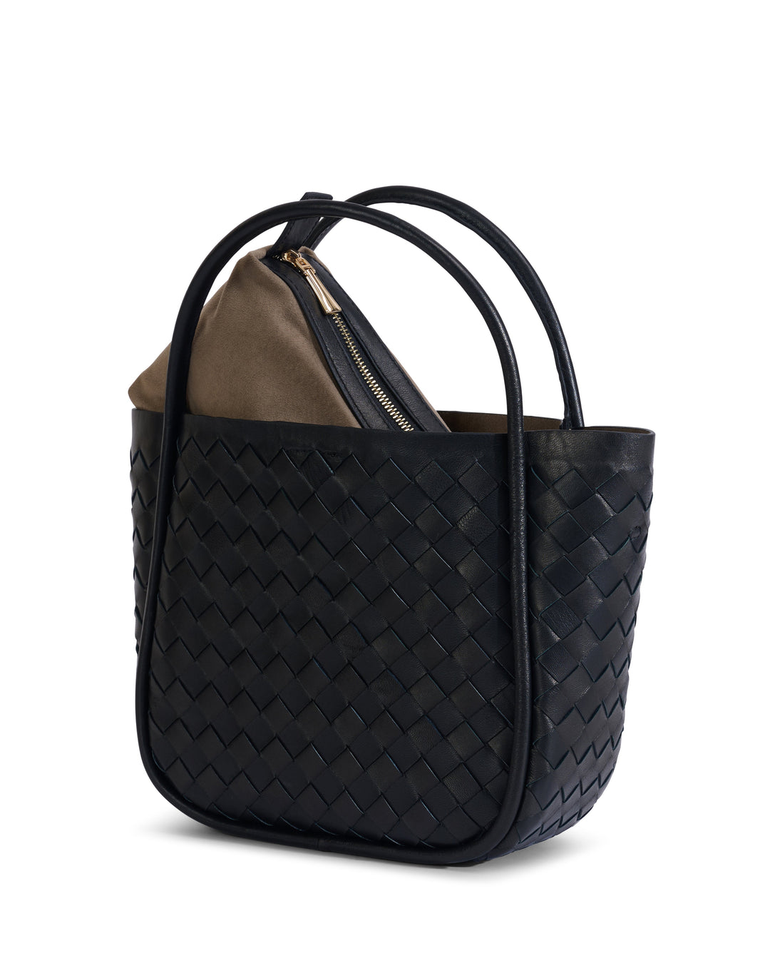 Black woven leather bucket handbag