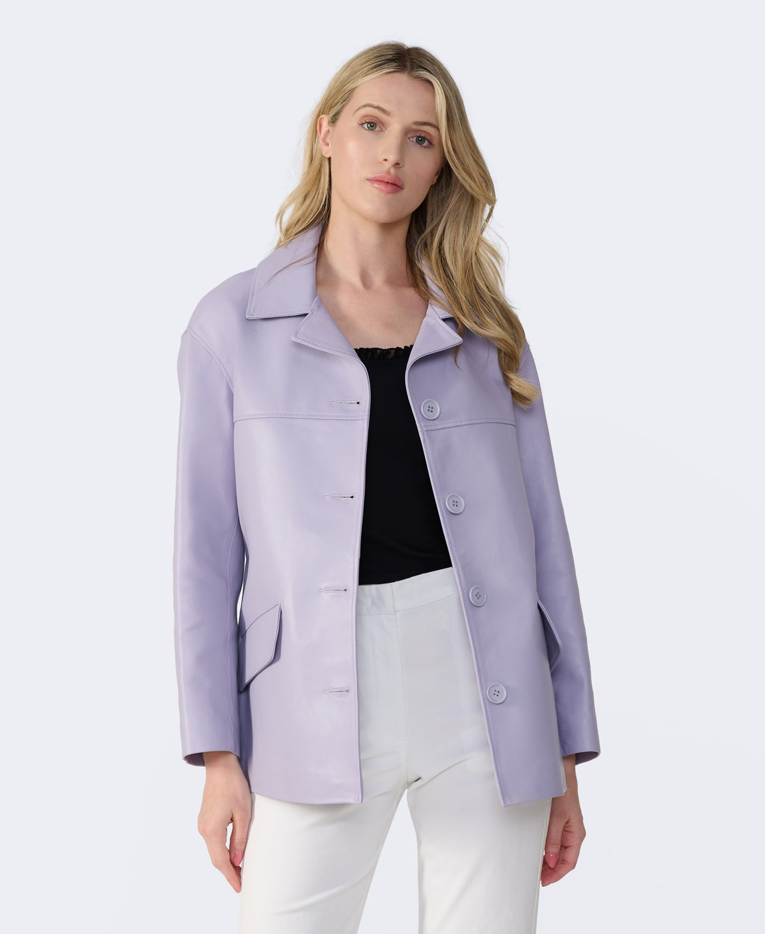 Woman wearing lilac leather jacket